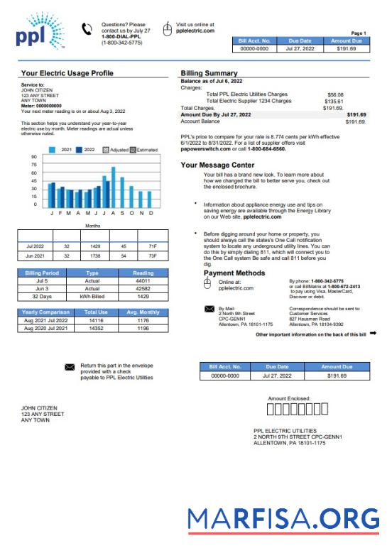 Realistic USA Philadelphia PPL utility bill template in Word and PDF format